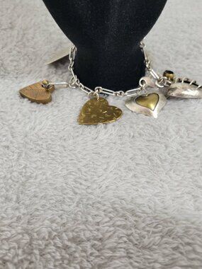 Artisan Mixed Metal Heart Charm Bracelet Sterling Silver Brass Multi-Charm B13E